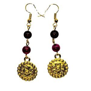 Deep purple stone earrings gold tone wire medallion